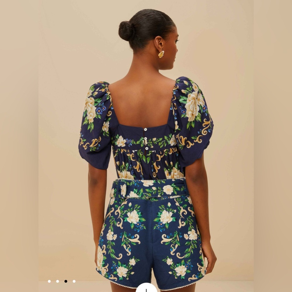 NWT Farm Rio High Rise Belted Navy Blue Flower Tapestry Shorts Size 27 Small - Picture 2 of 4